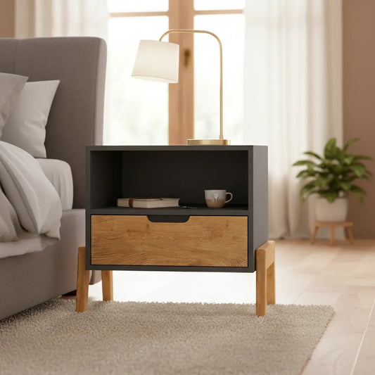 Mesa de luz nordica living dormitorio combinada 1 cajón x2