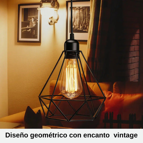 Lampara Colgante Jaula Diamante Led + Bombita Negro