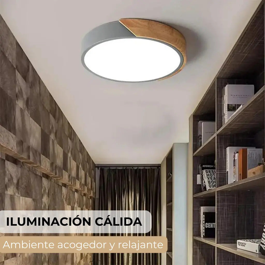 Luminaria luz fria plafon LED diám 30cm metal y madera
