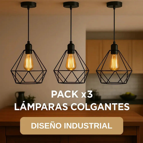 Lampara Colgante Jaula Diamante Pack X3 + Bombita Estructura Negro