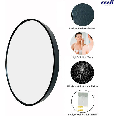 Espejo Redondo Circular 30 Cm Marco Hierro Negro Negro