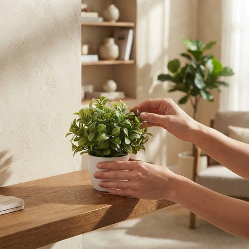 Set 10 Plantas Artificiales Decorativas En Maceta Blanca Verde