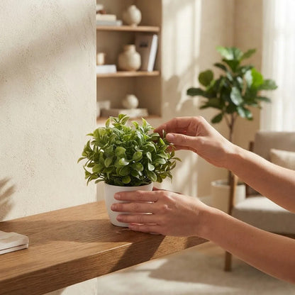 Set 10 Plantas Artificiales Decorativas En Maceta Blanca Verde
