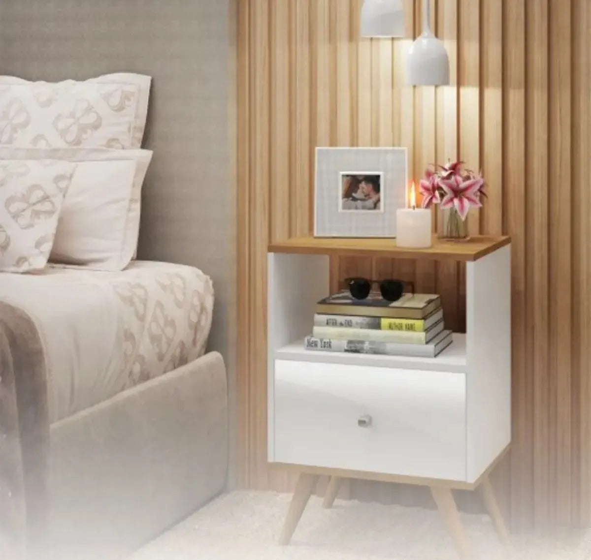 Mesa de luz linea nordica living dormitorio 1 cajon brillante blanco