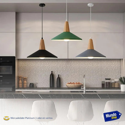 Lampara colgante metal nordica plato deco simil madera LED