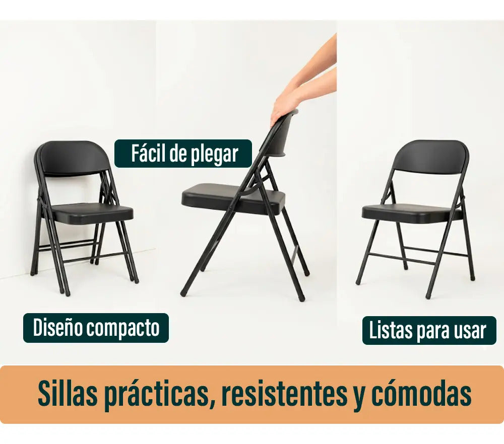 Pack 4 sillas plegables reforzadas para jardin exterior negro lisa