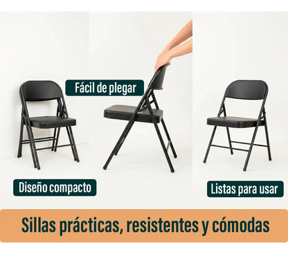 Pack 4 sillas plegables reforzadas para jardin exterior negro lisa