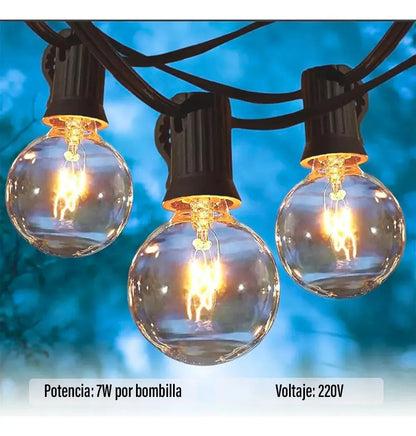 Guirnaldas guia de 25 luces vintage exterior + 2 repuestos blanco cálido
