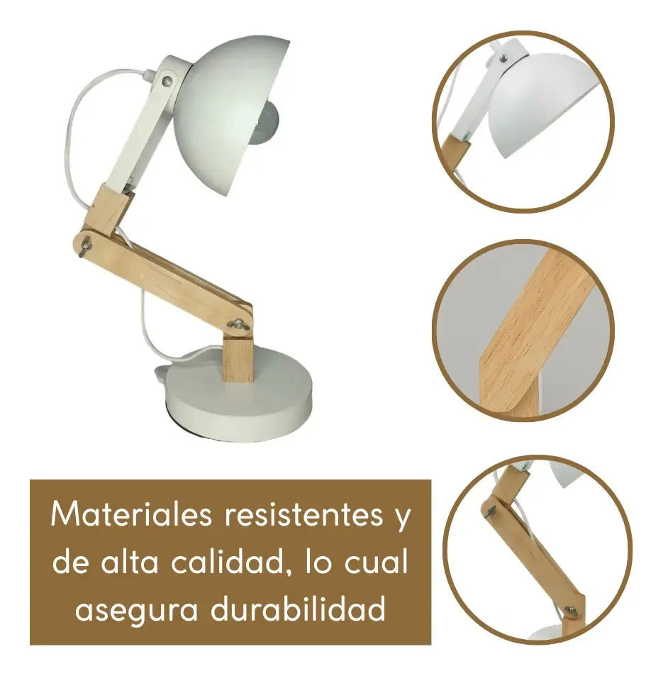 Lampara portátil de escritorio madera y metal regulable marrón claro blanco