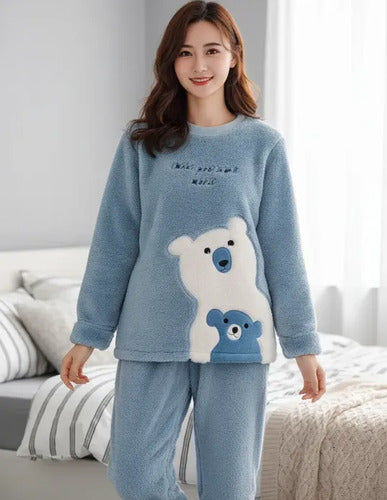 Pijama Conjunto Plush Peludo Suave Diseño Osito Manga Larga Celeste Liso Xxl