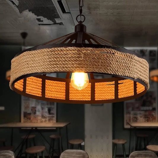 Lampara de techo colgante cuerda iluminación tipo jaula marrón claro