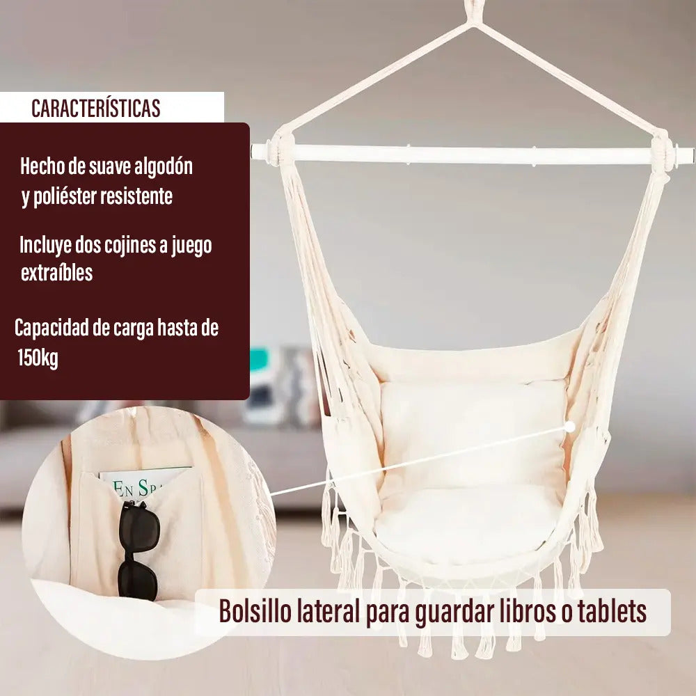 Silla hamaca paraguaya con amohadones fleco calidad premium
