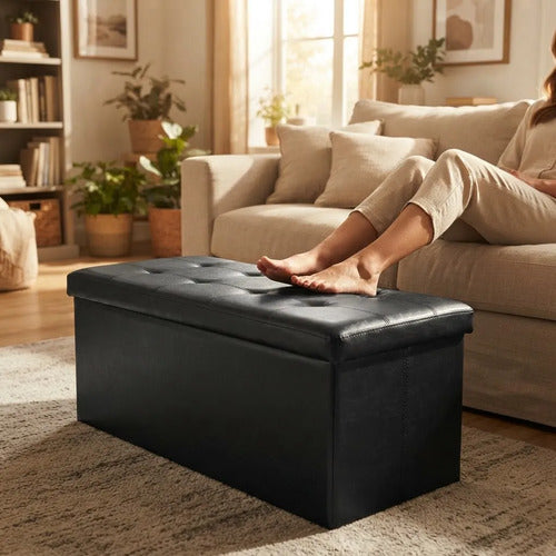 Banqueta Baúl Puff 76x38x38 Cm Organizador Multiuso Negro