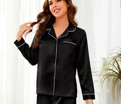 Pijama De Satén Manga Larga Pantalón Y Camisa Conjunto Negro Liso Xxl