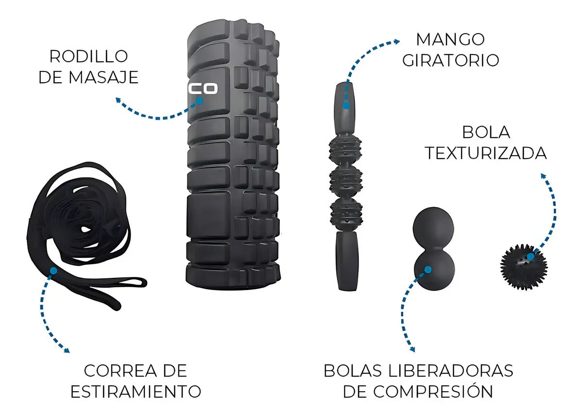 Rolo rodillo Bosco foam roller masajeador pilates set full negro