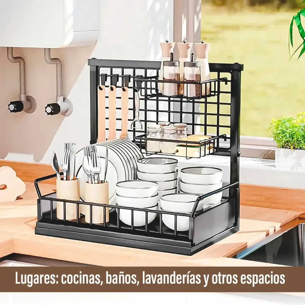 Escurridor organizador de platos cocina bandeja extraible negro