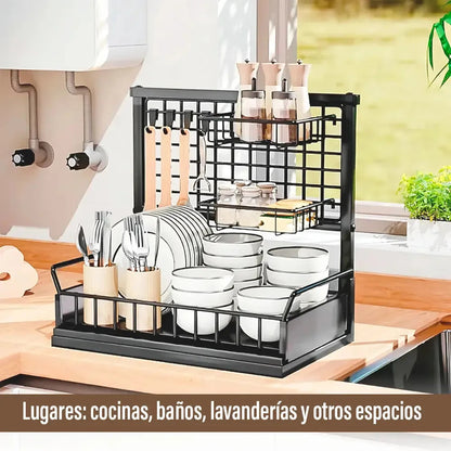 Escurridor organizador de platos cocina bandeja extraible negro