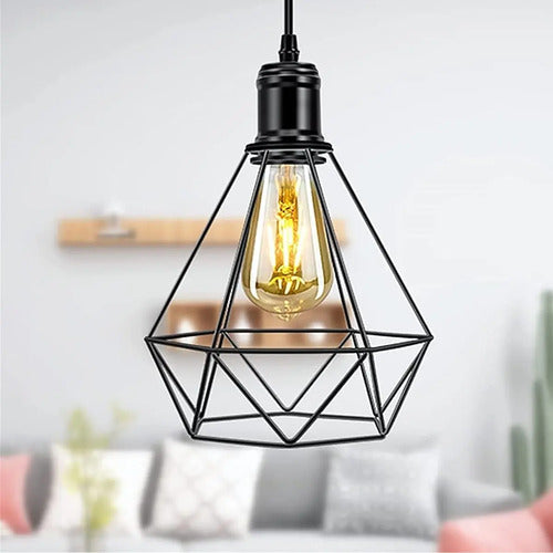 Lampara Colgante Jaula Vintage Diamante Led Negro