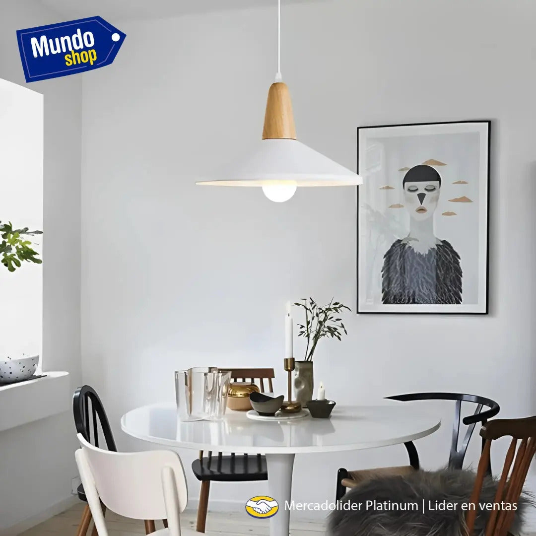 Lampara colgante metal nordica plato deco simil madera LED