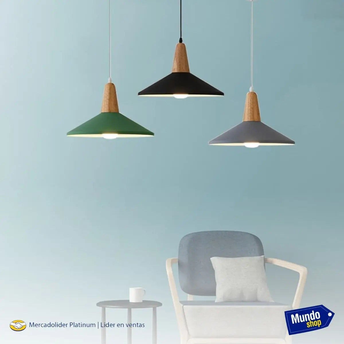 Lampara colgante metal nordica plato deco simil madera LED
