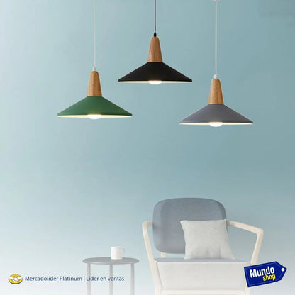 Lampara colgante metal nordica plato deco simil madera LED
