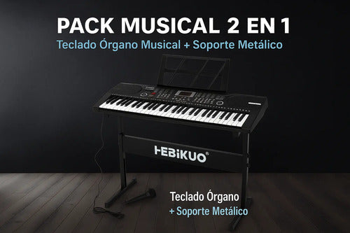 Pack Teclado Órgano Musical Con Micrófono+soporte De Teclado Negro