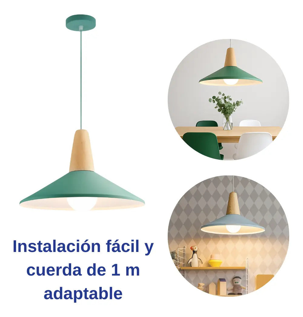 Lampara colgante metal nordica plato deco simil madera LED