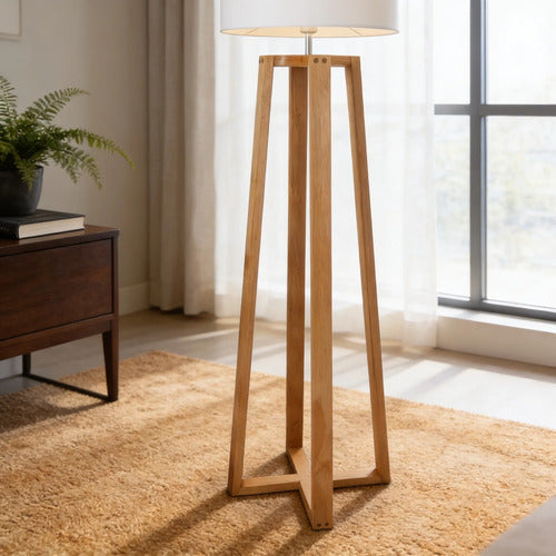 Lampara De Pie Atenas Tripode Madera Diseño Moderno Beige Marrón Claro