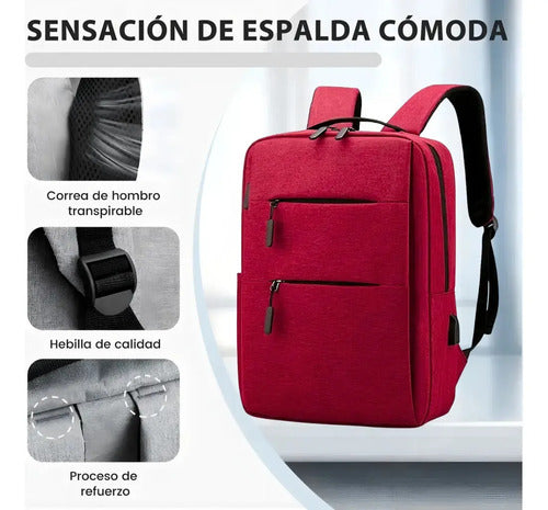 Mochila C/ Usb. Porta Laptop Cierres Color Rojo Liso