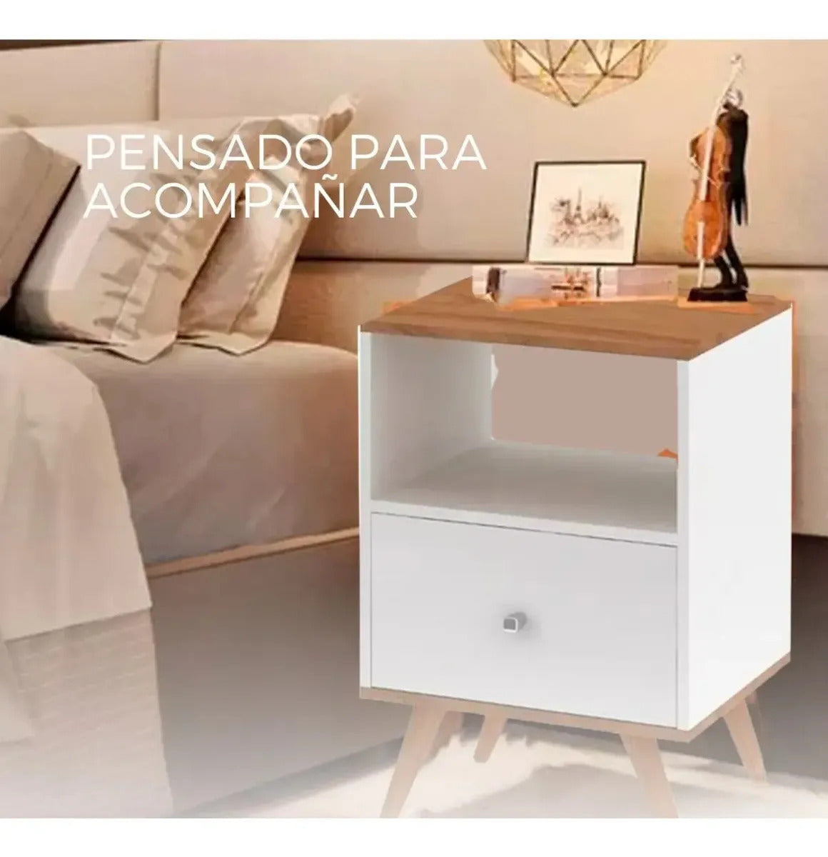Mesa de luz linea nordica living dormitorio 1 cajon brillante blanco