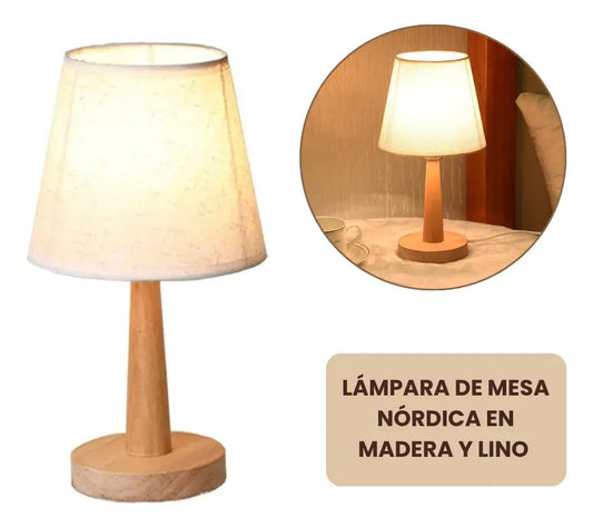Lampara portatil de mesa velador nordica madera y lino cali marrón claro amarillo