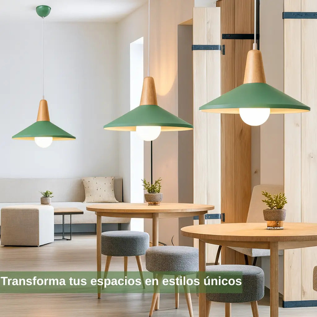 Lampara colgante metal nordica plato deco simil madera LED