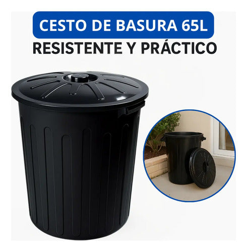 Papelera Basurero Cesto De Basura Con Tapa 65lts Plastico Negro