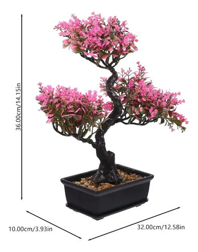 Planta Artificial Bonsái En Maceta Negra Decorativa 36cm Rosa