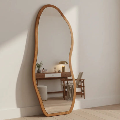 Espejo Irregular Con Ondas Mdf Diseño Minimalista 160cm Marrón Claro