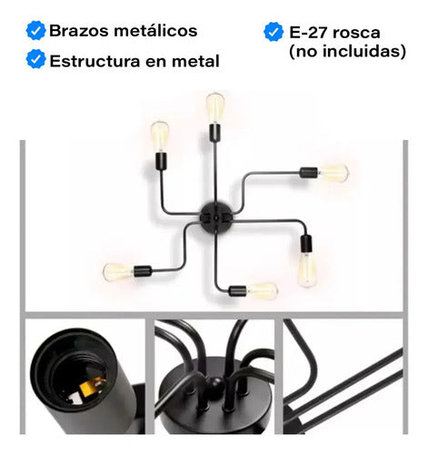 Araña 6 Luces Brazos Vintage Apto Lamparas Led Techo Negro