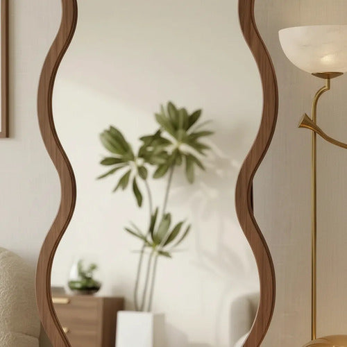 Espejo De Pie Curvo 160cm Símil Madera Dormitorio Living Marrón Oscuro