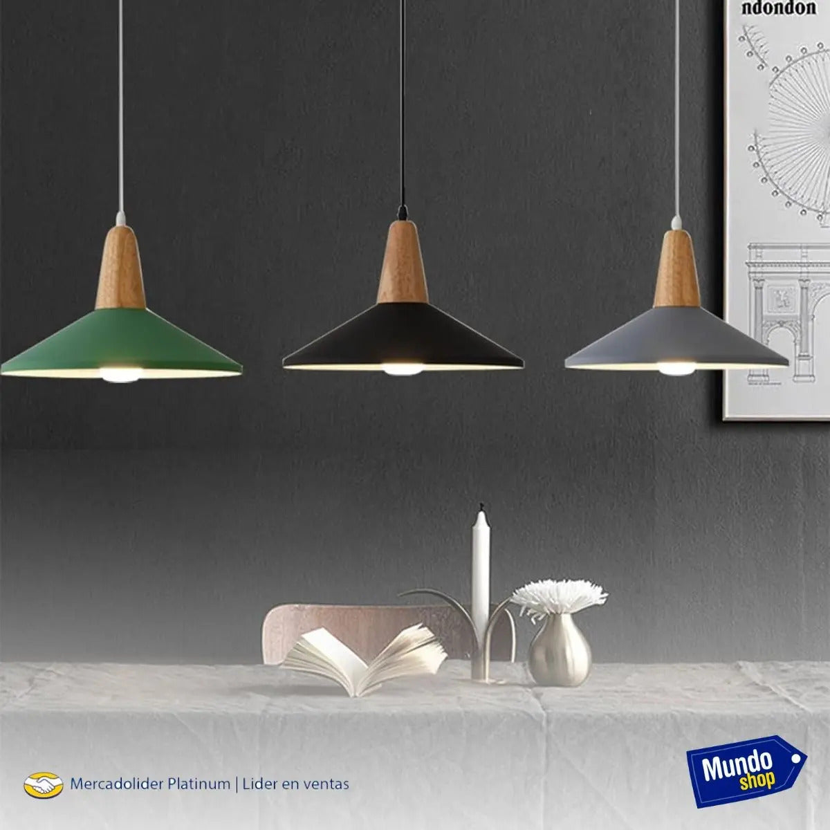 Lampara colgante metal nordica plato deco simil madera LED