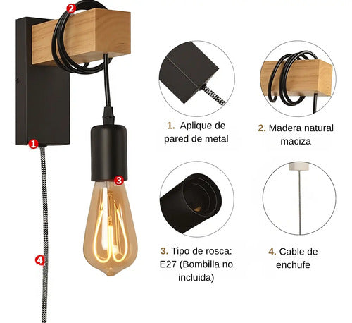 Aplique Colgante Portalámparas Metal Madera Vintage Negro