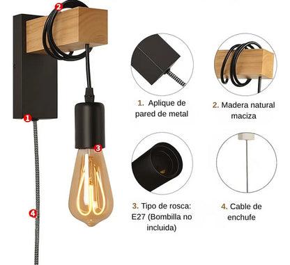 Aplique Colgante Portalámparas Metal Madera Vintage Negro