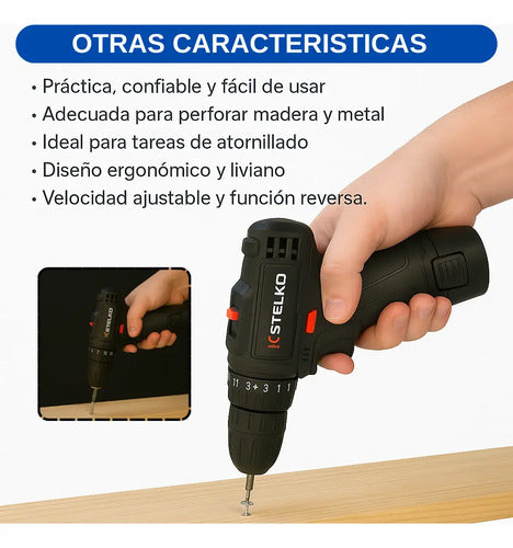 Taladro Atornillador Inalámbrico Recargable 12v Stelko Negro 50hz 60hz