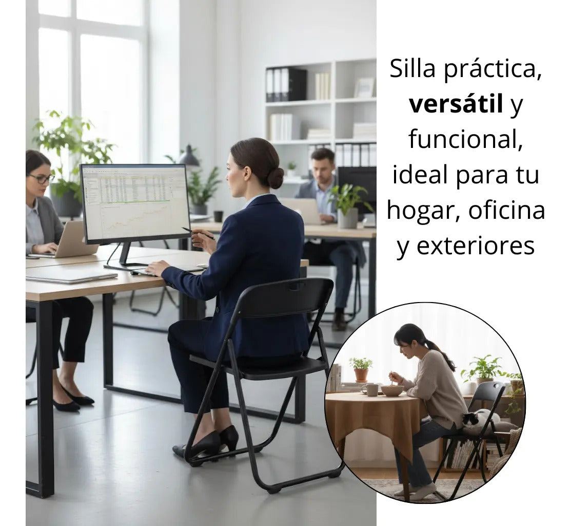 Silla plegable reforzada para jardin exterior metal plastico negro