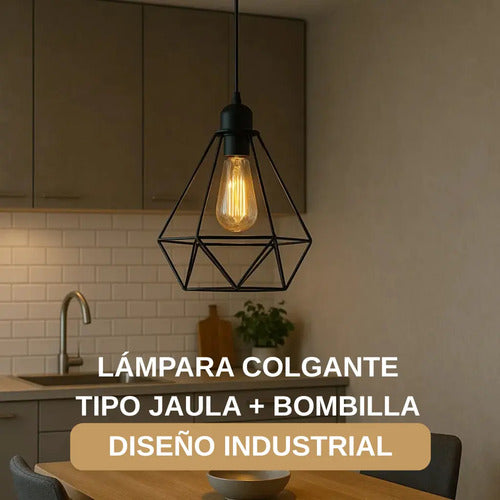 Lampara Colgante Jaula Diamante Led + Bombita Negro