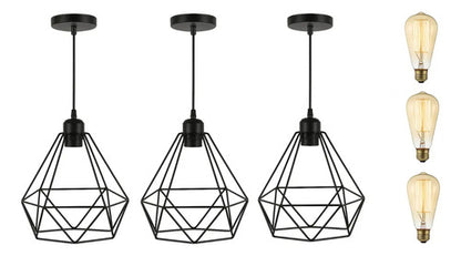 Lampara Colgante Jaula Diamante Pack X3 + Bombita Estructura Negro