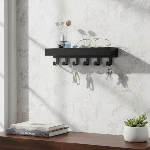 Porta Llaves De Pared De Madera Con Ganchos Metálicos Negro