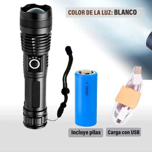 Linterna Tactica Led Recargable 500 Lumens 300 Metros Blanco Negro