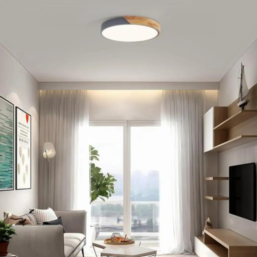 Luminaria luz fria plafon LED diám 30cm metal y madera