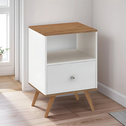 Mesa de luz linea nordica living dormitorio 1 cajon brillante blanco