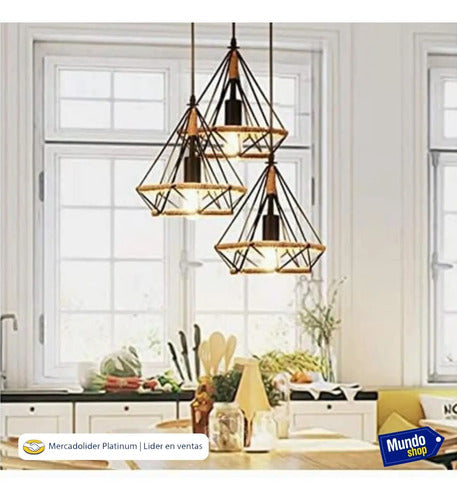 Lampara Colgante Diamante De Techo Decorativo Cuerda Metal Negro
