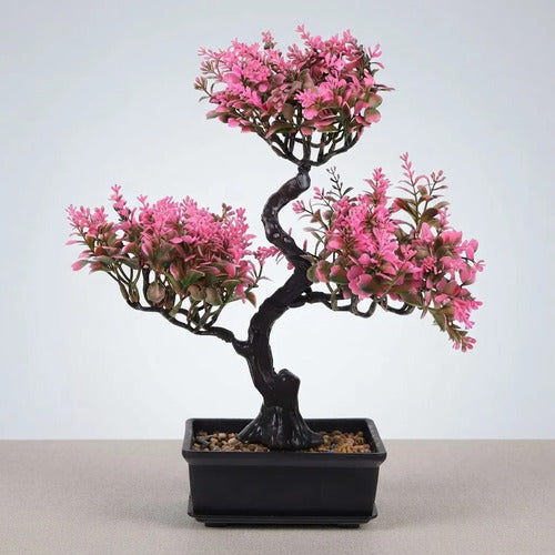 Planta Artificial Bonsái En Maceta Negra Decorativa 36cm Rosa